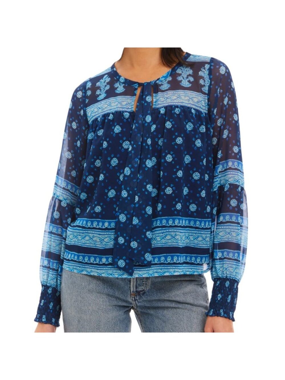 Allison New York Charlie Blouse Lone Sleeve in Navy Medallion Size Medium New